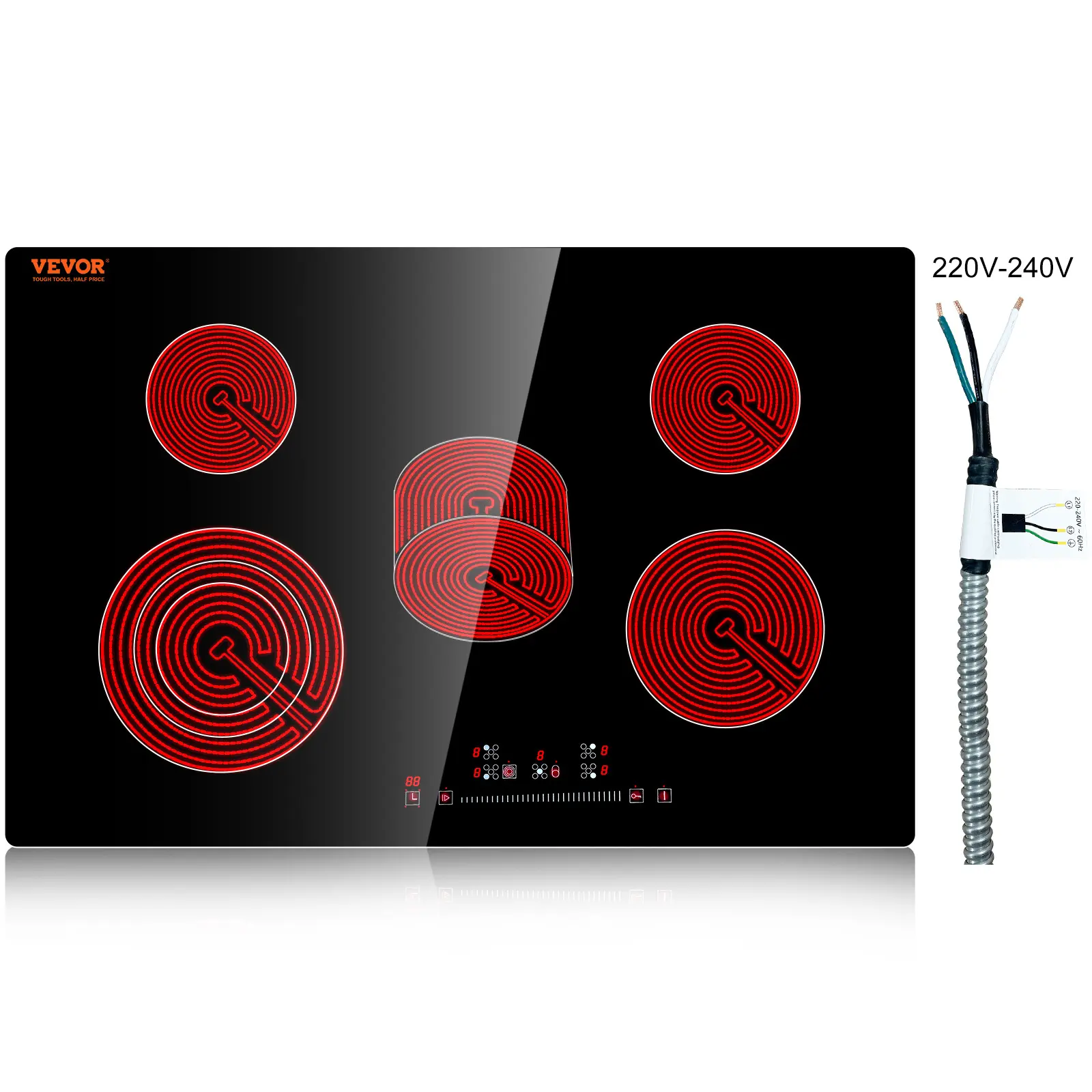 VEVOR Durable Recessed Induction Stove, 30.3x20.5in 5-Burner, 220-240V Sensor Touch Control, 8600W Total, Timer, Child Lock, 9 Power Levels for Simmer-Steam, Display, Compatible with Aluminum Pans, Smart Cooking Hob