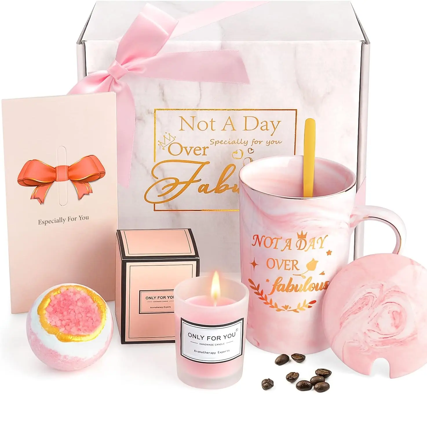 Relaxing Self Care Bundle Box with Lavender Sea Salt Bath Bomb, Rose Scented Candle & Mug - Spa Gift Set for Women, Mom Birthday Gifts, Body Care Products, Relaxing Gifts