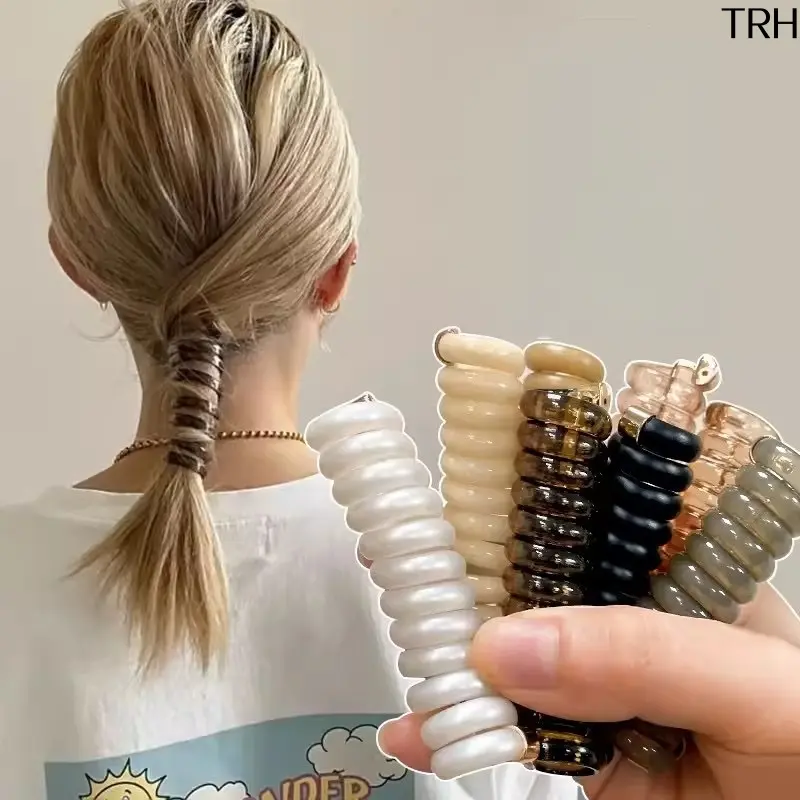 Coil Telephone Hair Tie, High Elastic No Damage Ponytail Scrunchie, Minimalist Glossy Plastic Spiral Hair Band, Durable Neutral Tone Hair Elastic For Daily Casual Bubble Braid Hairstyle