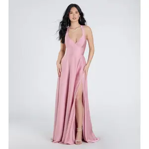 Abbey Lace-Up Slit A-Line Satin Formal Dress