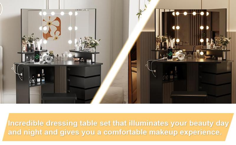 【GARVEE】Corner Makeup Vanity Desk with Lights & Power Outlet - Spacious Tri-Folding Mirror, Adjustable Brightness, 5 Rotating Drawers, Ample Storage, Stool Included
