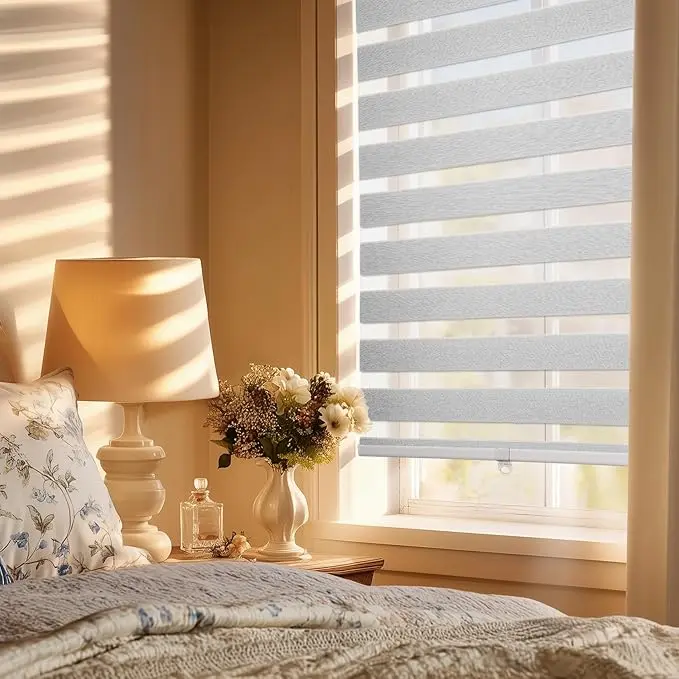 Cordless Light Filtering Zebra Curtain Blinds, Modern Linen-Like Dual-Layer Fabric Window Treatments with Adjustable Day-Night Control, Ventilation and Privacy for Indoor Bedroom, Living Room, Indoor Use, Adjustable Light Control, Oversize Window Help