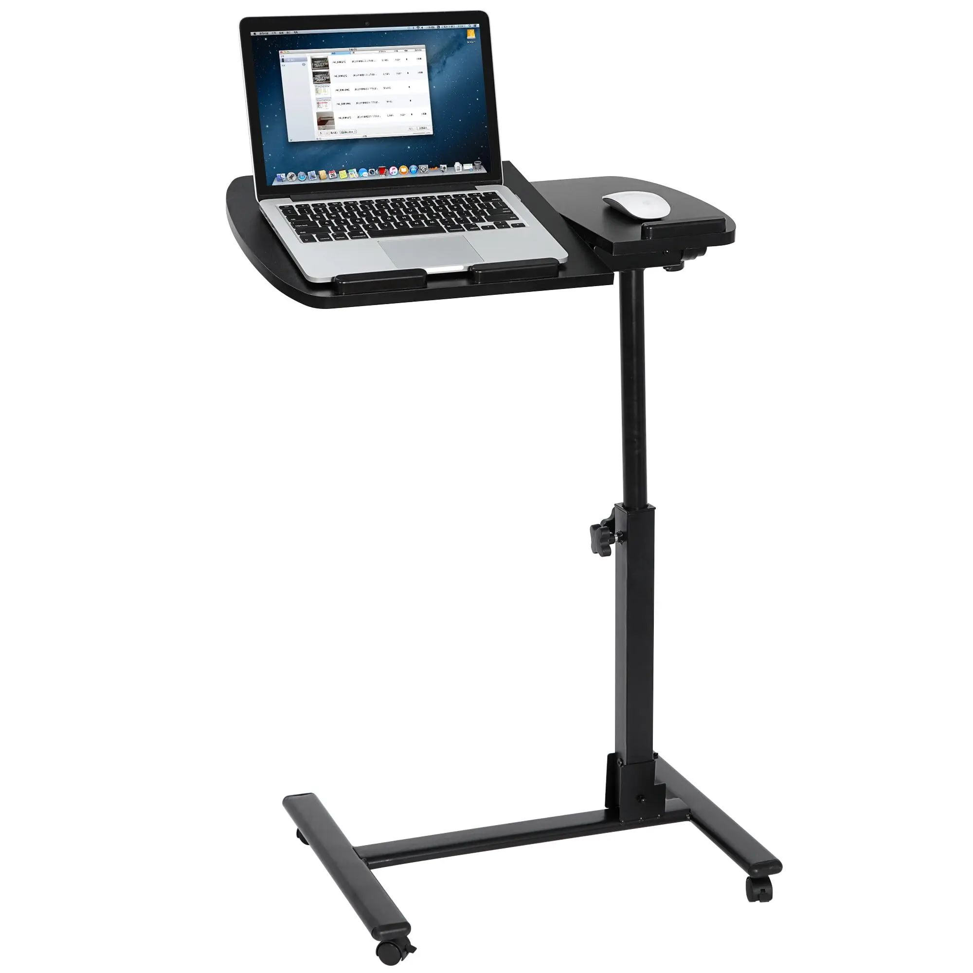 Black Adjustable Rolling Overbed Laptop Desk Cart Stand - Lockable Wheels, MDF+PVC Adjustable Desk Mount, Ergonomic Home Office Computer Stand with Height Adjustment, Locking Tilt, Portable Storage Organizer, Office Accessories