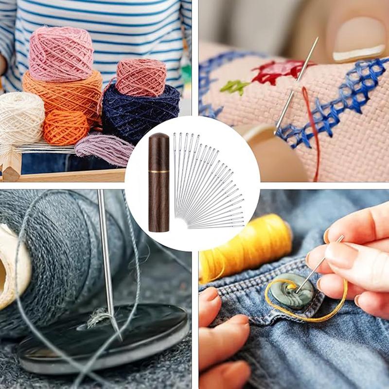 30Pcs Self Threading Sewing Needles Sets Large Gauge Needle Hand Sewing Needle Embroidery Needles with Wooden Case for Knitting Mending DIY Handsewing Art Crafts