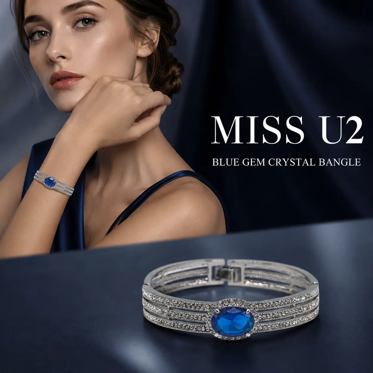 Oval Blue Man Made Crystal Silver Tone Triple Row Cuff Bangle Surrounded Clear Rhinestone Elegant Women Statement Bracelet Wedding Formal Costume Jewelry Gift For Her