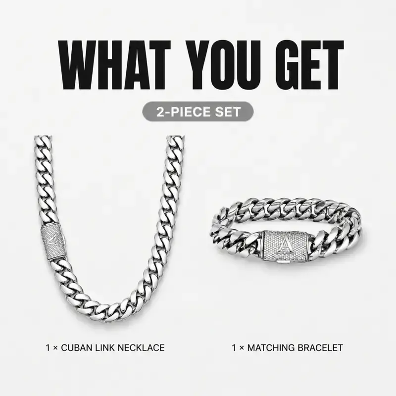 Iced Out Cuban Link Necklace and Bracelet Set for Men, Silver CZ Stone A-Z Clasp Hip Hop Chain Jewelry Unisex, Fashion Jewelry Set, Cubanchain, Necklaces Set