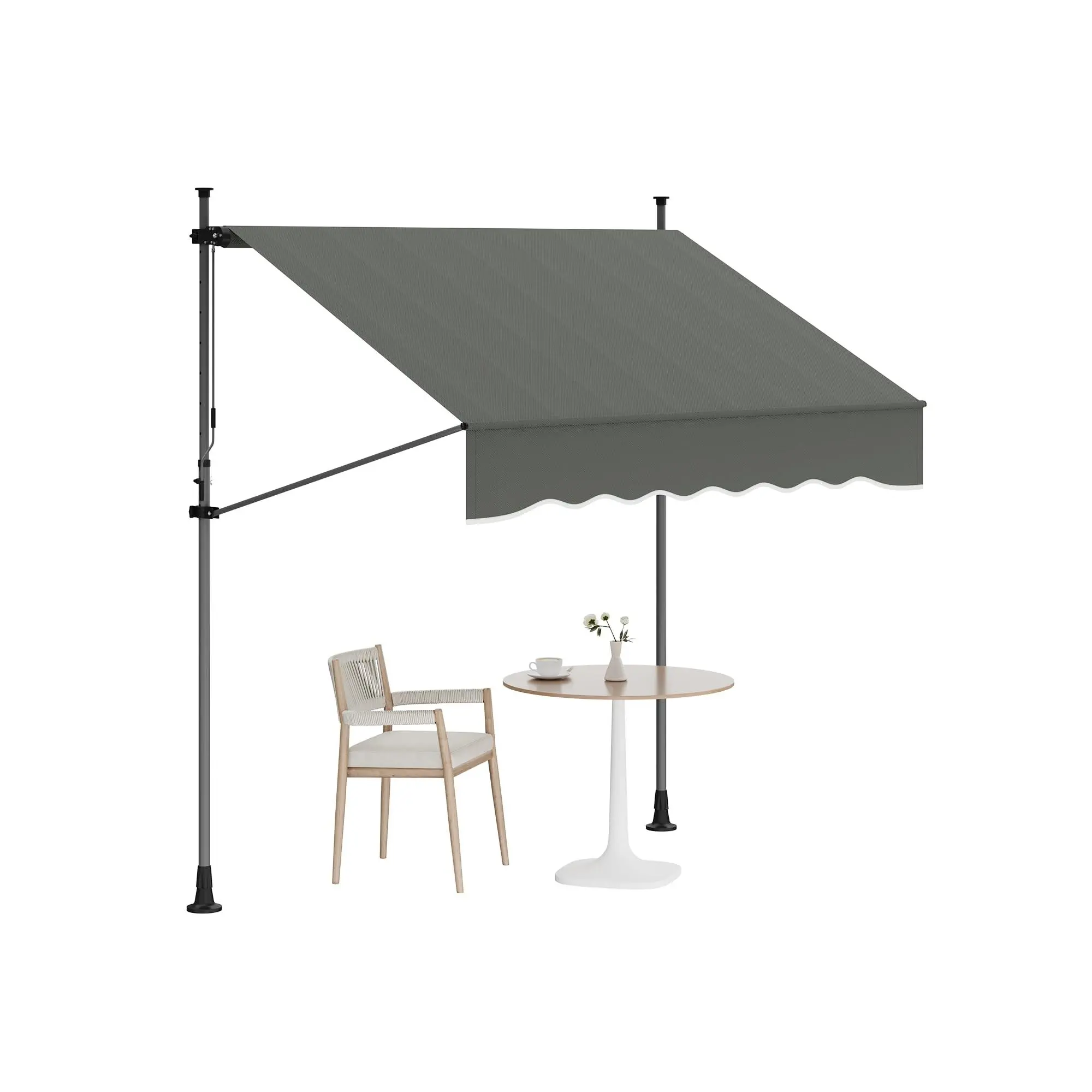 Modern Sturdy Manual Retractable Patio Awning - 118in, 180g/m² Polyester, 1.5in Aluminum Roller, Water-Resist PU Coat, 6.9-9.8ft Aluminum Frame, 47in Crank Handle, Adjustable Angle & Height, UV Protection Sunshade, Easy Setup for Doors, Balconies, Grey