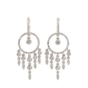 14K White Gold Diamond Dangle Hoop Earrings - 0.89ct