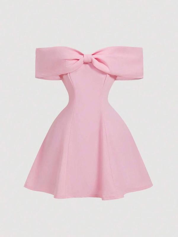 Women’s Pink Off-The-Shoulder Bowknot Mini Cocktail Dress – Elegant Party & Date Night Dress