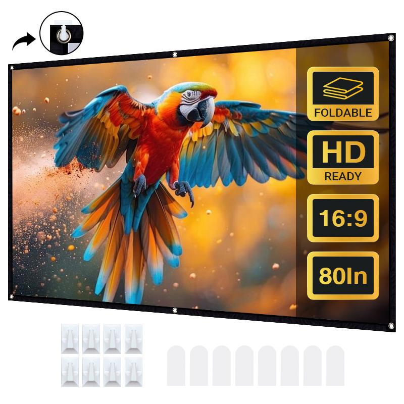 80 Inch Projector Screen 16:9 – Foldable & Wrinkle-Free Movie Screen, 4K HD Ready, 160° Wide Viewing Angle, Indoor & Outdoor Use, Portable Home Theater Screen with Hooks