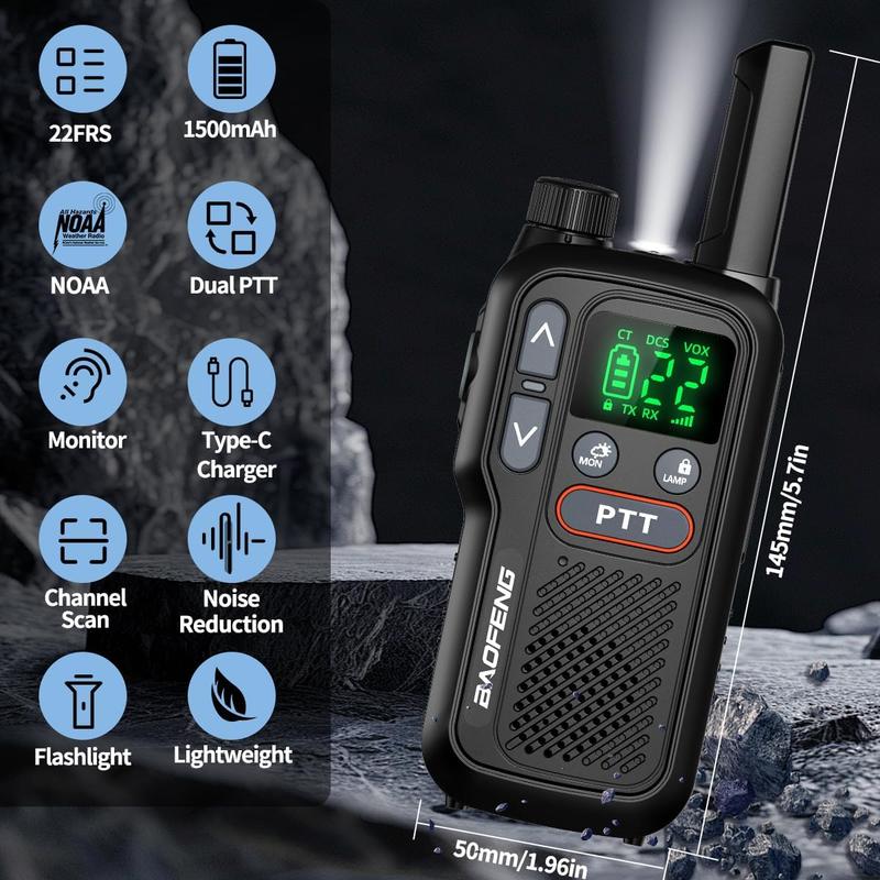 4PCS BAOFENG USB Rechargeable Long Range Mini Walkie Talkie Type-C Charging Upgrade 888s Lightweight with Earpieces VOX LCD Display Flashlight NOAA Weather Receive Handheld Two Way Radio for Kids Adults Family Outdoor Sports Camping Hiking