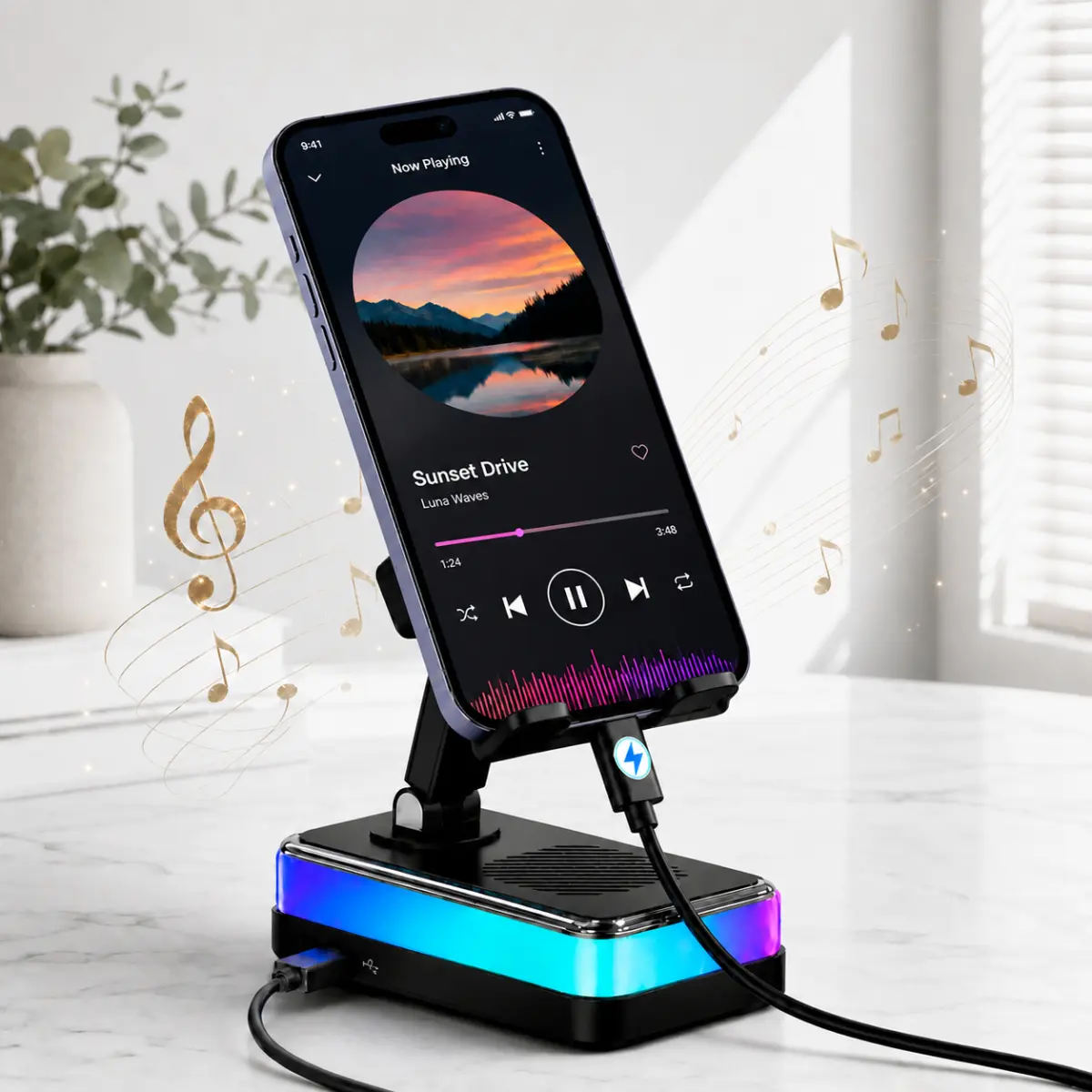 Wireless Induction Speaker Stand, 7-in-1 Adjustable Phone Tablet Holder, 3000mAh Rechargeable Emergency Power Bank, 360° Rotating Mount with 7-Color RGB Ambient Light, Tech Gifts for Men Women