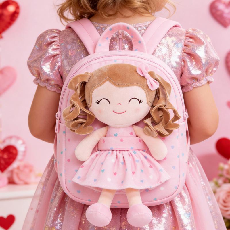 Gloveleya Valentine's Day Gift for Girls, Plush Doll Backpack with Detachable Soft Doll, 2-in-1 Toddler Toy Bag for Age 2-6, Birthday Gift for Little Girl, Pink Fairy Doll Nursery Bag