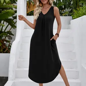 Women's V-Neck Sleeveless Dress Side Slit Pockets Midi Length Summer Vacation Dress Springfresh
