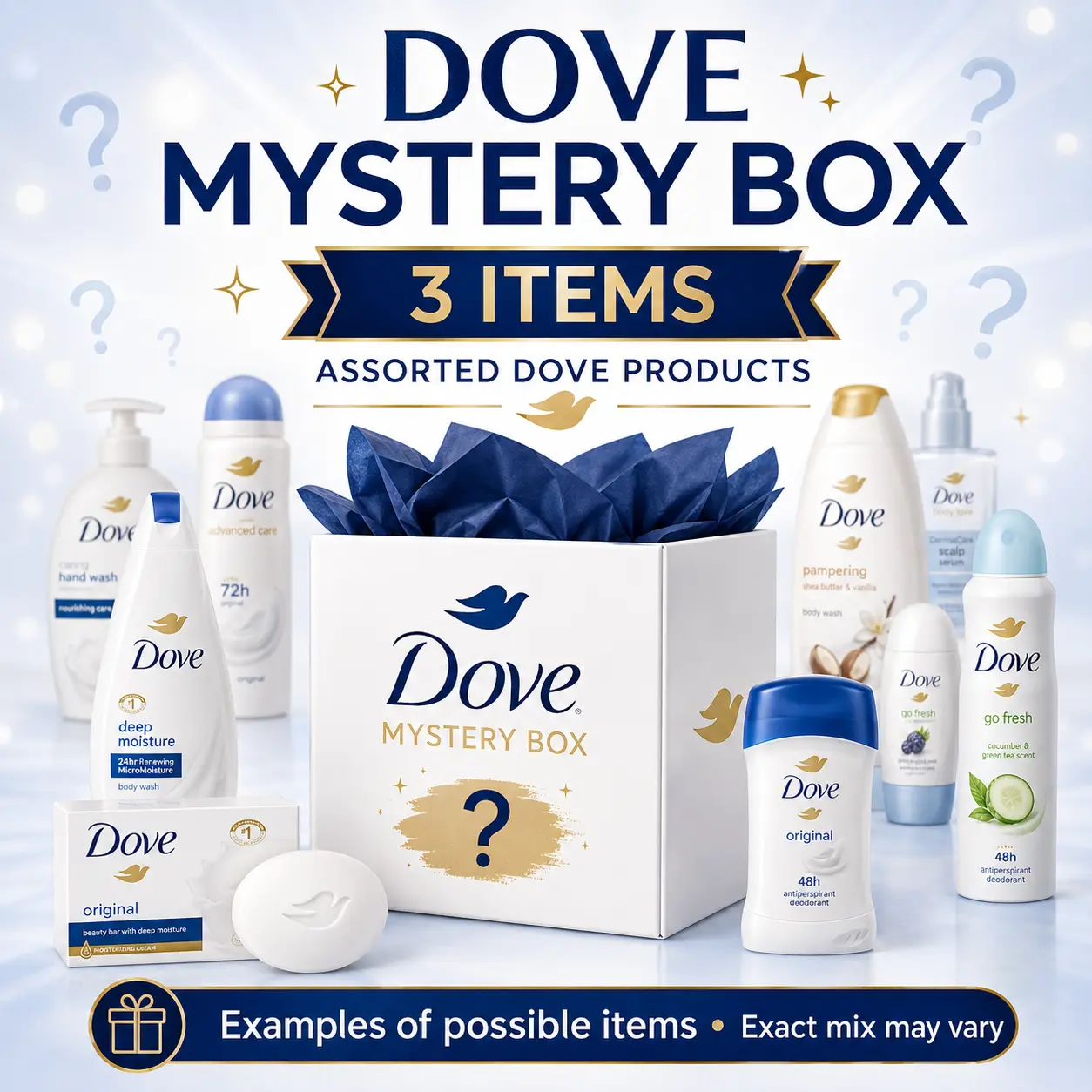 Dove Mystery Box 3 Items, Assorted Dove Personal Care Products, Mixed Scents & Item Types May Vary, Deodorant, Body Care Cleansing Cosmetic Skin Repair Scented Cleanser, Self Care Bundle Box
