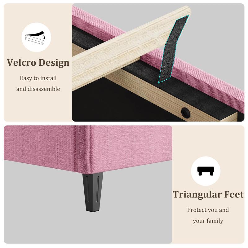 PinkTwin Bed Frame with Upholstered Headboard, Heavy-Duty Platform Bed Frame with Strong Wood Slats, No Box Spring Needed/Noise Free/Easy Assembly
