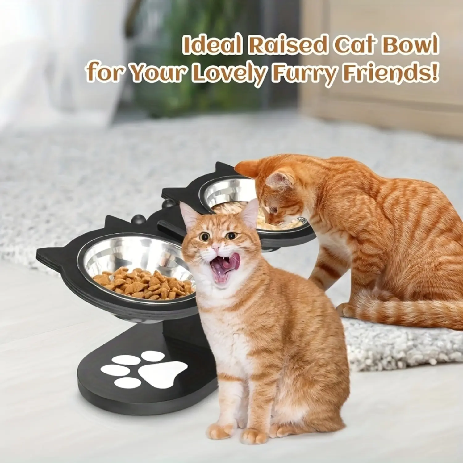 15° Tilted Stainless Steel Elevated Cat Bowls, Adjustable Raised Cat & Puppy Bowl Stand Feeder with 2 Stainless Steel Pet Bowls, Anti-Spill Black Wooden Base, Cat & Small Dogs Dishes for Food And Water