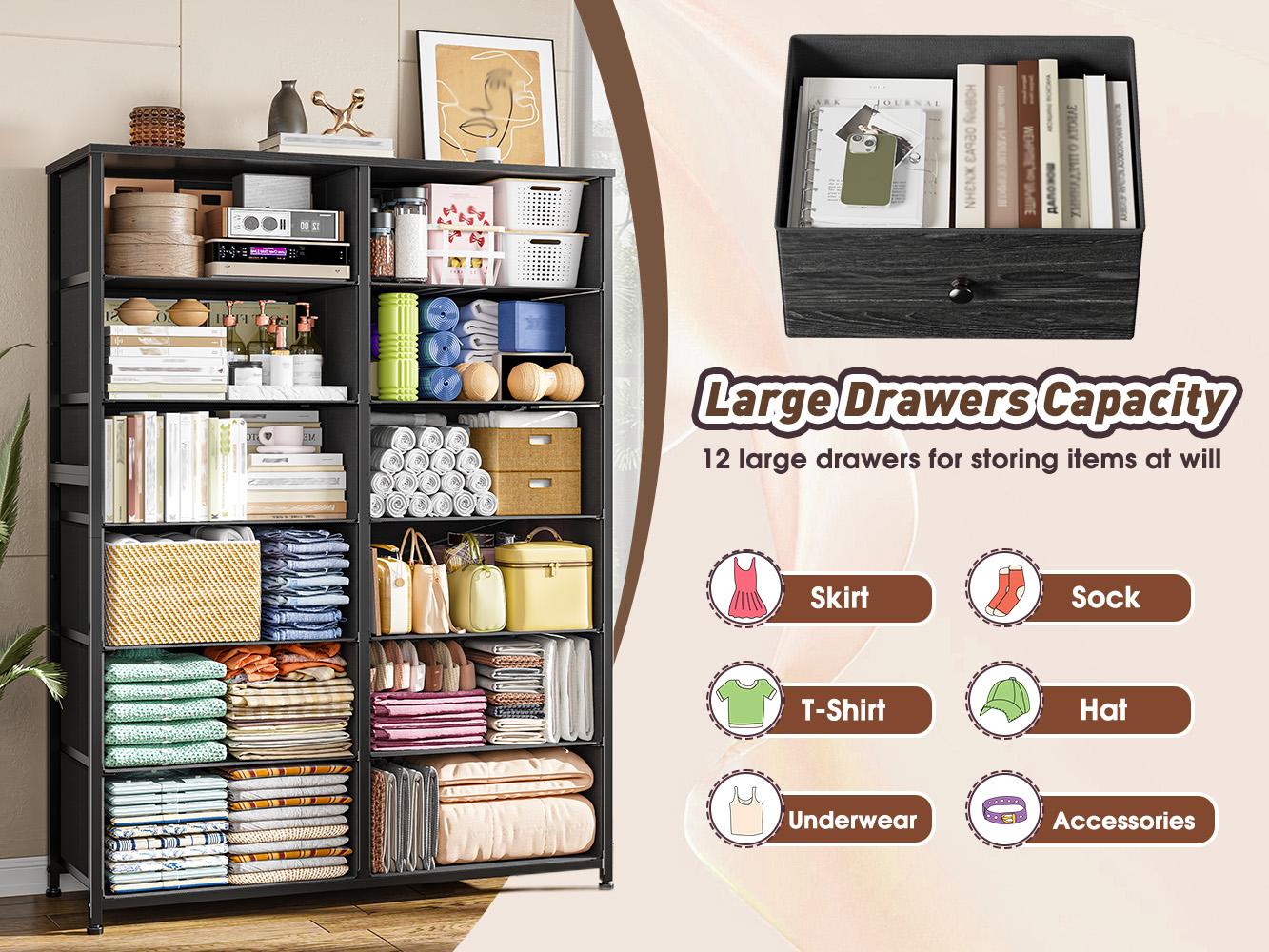 RaybeeFurniture 7/12 Drawer Dresser for Bedroom, Tall Dresser for Living Room, Extra Large Chest Of Drawers with Wood Top& Metal Frame for Apartment, Guest Room, Cabinet Storage Organizer, Bedroom Furniture, Viral Fabric Dresser Tower