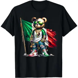 Men's Graphic Tees Casual Cotton T-Shirt with Cool Mexican Pride Bear Design, Hip Style with Flag, men gifts, Fashion Top Fathersdaygift Tshirt
