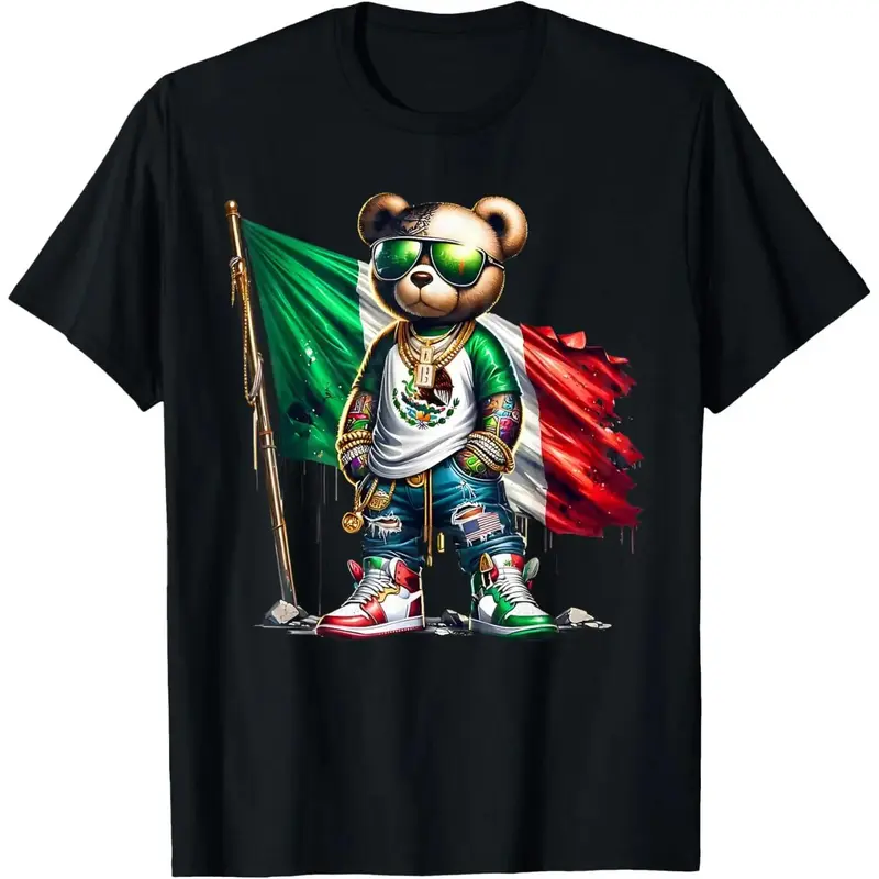 Men's Graphic Tees Casual Cotton T-Shirt with Cool Mexican Pride Bear Design, Hip Style with Flag, men gifts, Fashion Top Fathersdaygift Tshirt