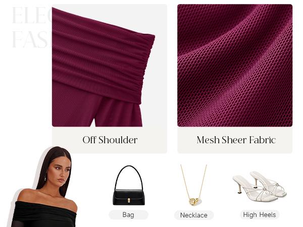 REORIA Women's Off Shoulder Long Sleeve Dress Elegant Sexy Stretch Mesh Double Lined Slim Trendy Long Dresses for Women