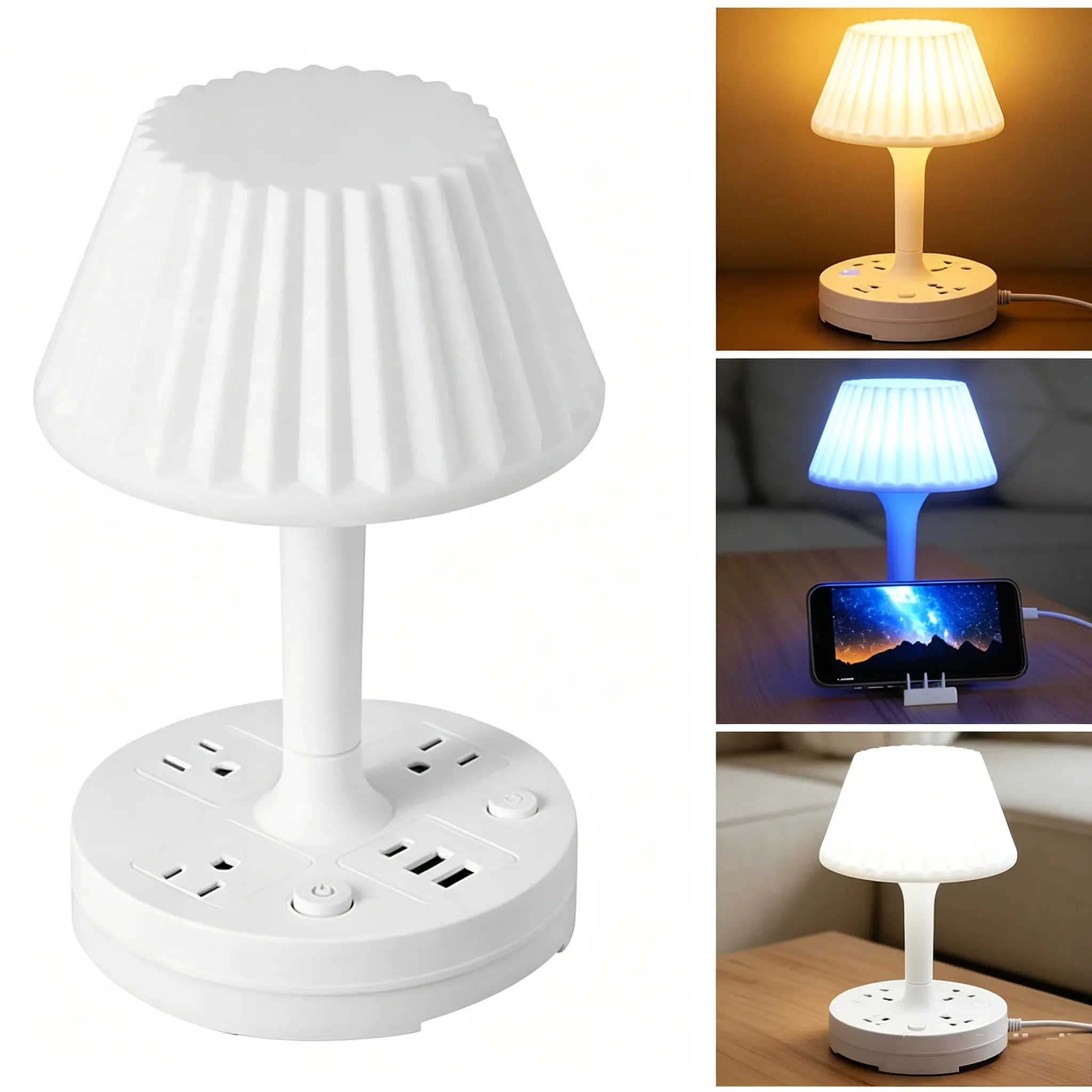 Multi-Port LED Bedside Lamp with AC Outlets & USB Ports, Remote Control Color Changing Dimmable Mood Lighting, All-in-1 Table Lamp for Bedroom Living Room Indoor Home Improvement (Bedroom LED Lights Included), Dimmable Bedroom Lamps Electronic Lamp Indoor