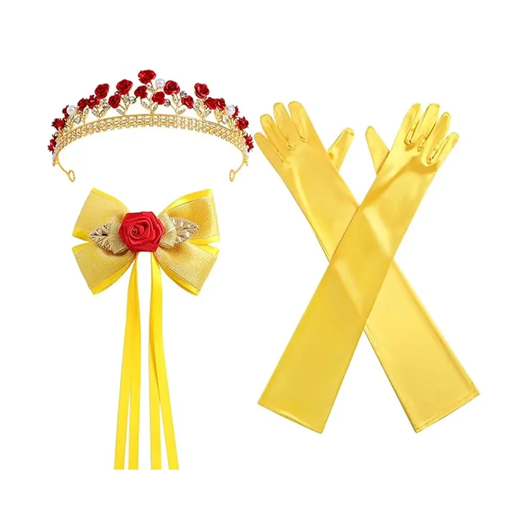 3 PCS Princess Rose Crown Hair Bow Yellow Gloves Women Dress Up Party Costume Accessories