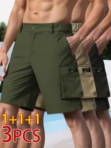 Men’s Casual Shorts, 3-Pack — Multi-Pocket Design with Flap Pockets, Commuter Style, Regular Trendy Fit, Suitable for Outdoor Camping, Hiking, and Backpacking, 100% Polyester, Non-Stretch Fabric