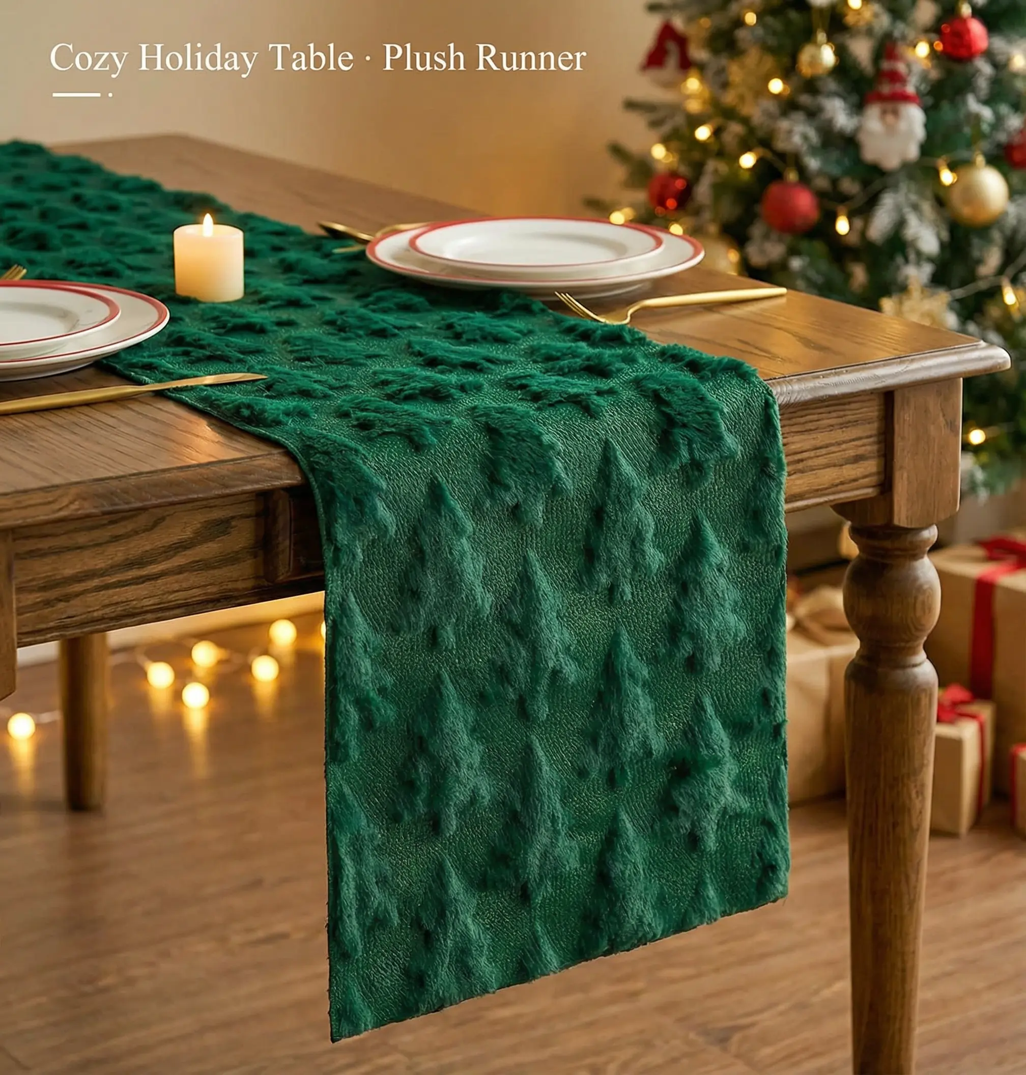 Christmas Plush Table Runner 13*71 inch – Cozy Soft Jacquard Tree Design, Multi-Color Options, Perfect for Holiday Tablescapes, Xmas Parties, Dining Room Decor & Winter Home Styling