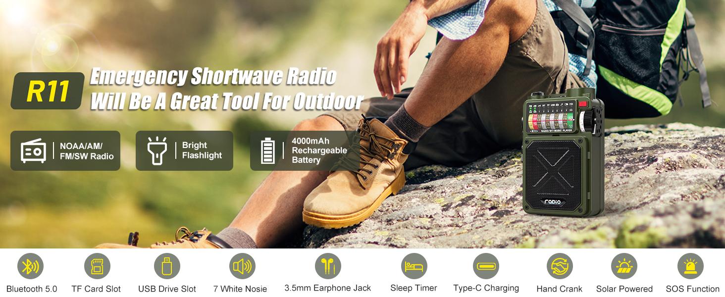 4000mAh NOAA Weather Emergency Radio, AM/FM/WB/SW, Bluetooth, Flashlight, SOS & Solar Power for Hurricane Preparedness & Outdoor Survival Springtok Audio Portable winter storm