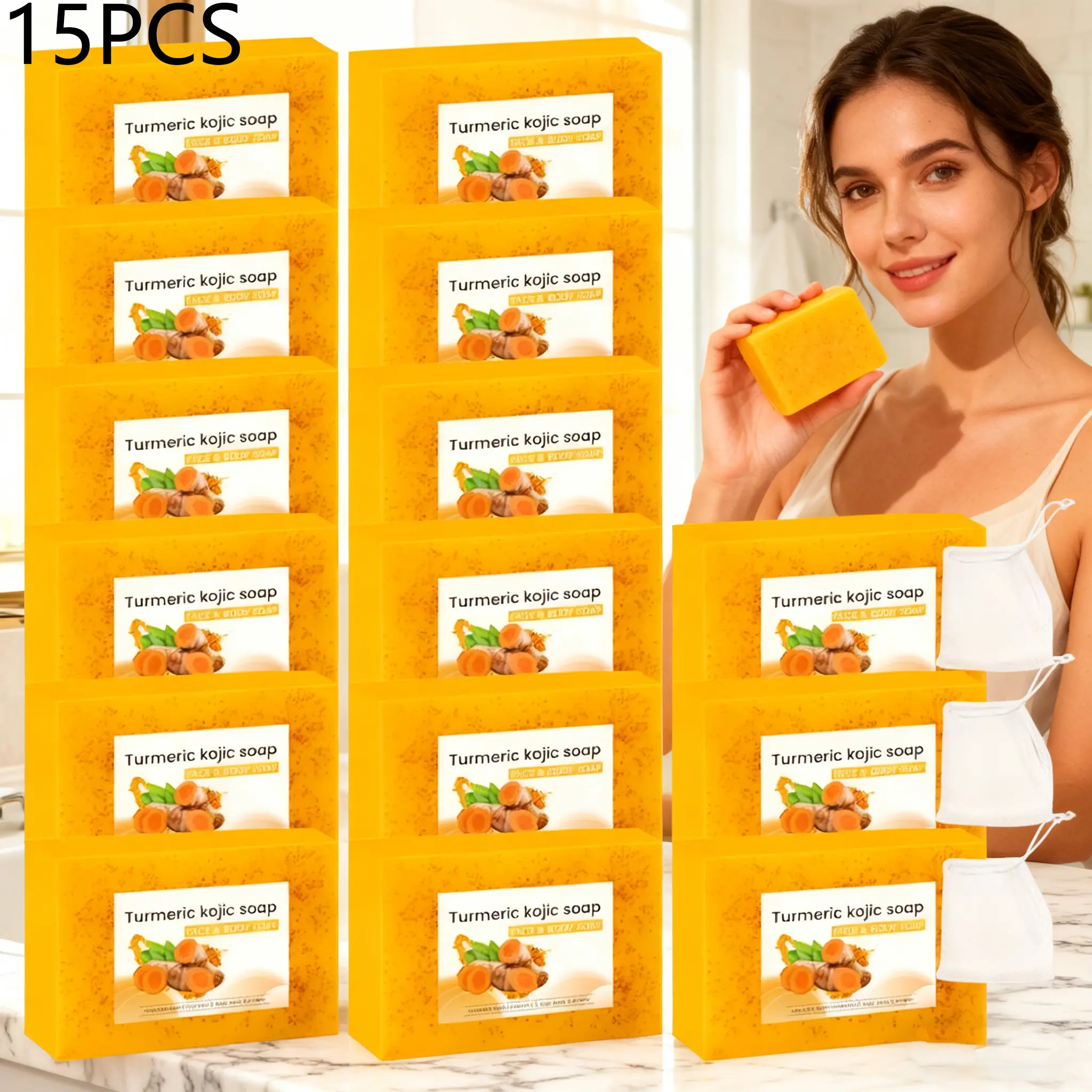 15-Piece Turmeric Kojic Acid Foaming Cleansing Soap Set, Infused with lemon extract & vitamin E, Gentle, Alcohol-free, suitable for various skin types, ideal for facial and body cleansing, Cleanser, Comes with 3 lather nets for richer foam, Facial Wash