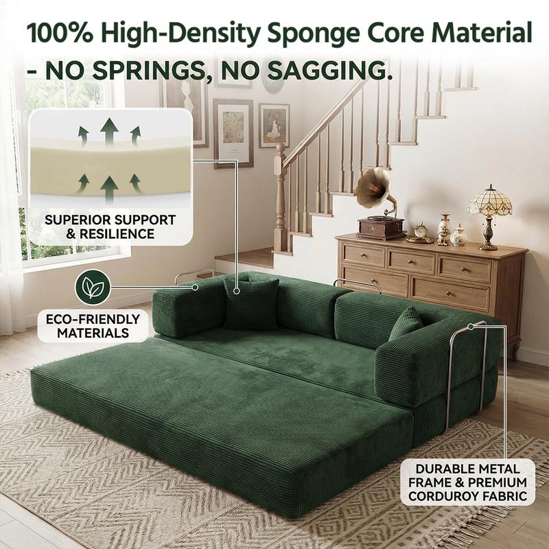 79" Convertible Sleeper Sofa Bed with Cylindrical Pillow Corduroy Folding Mattress Couch Fixed-Shape Frame Modular Compressible Living Room Sofa Set Vintage Suede Comfortable Lounge Chair Lazy Sofa Bean Bag Bedroom Sleeper Modern Cloud Loveseat