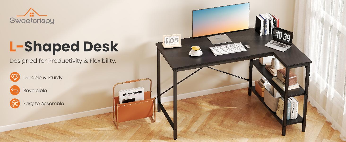 Sweetcrispy L Shaped Desk Computer Gaming Furniture with Reversible Storage Shelves for Home Office PC Table Large Workspace Robust Stability Adjustable Feet