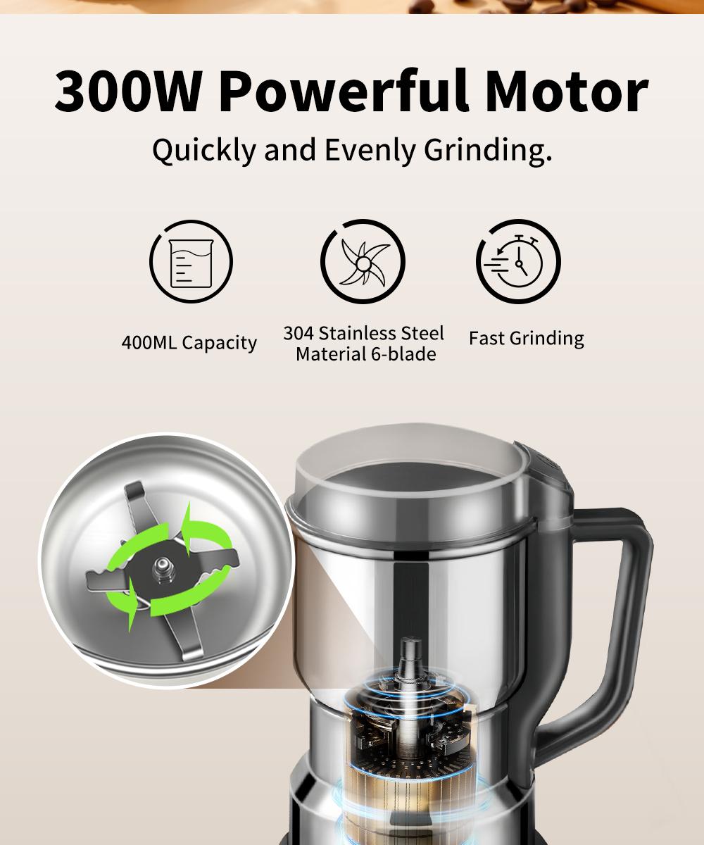 Electric Coffee Grinder Multifunctional Coffee Bean SpiceBeans Vanilla Stainless Steel Mixer 300W High PowerCrusher coffee grinder Electric Coffee Stainless SteelMeasuring Pitcher with Lid Espresso Distribution Tool withStand fast grind