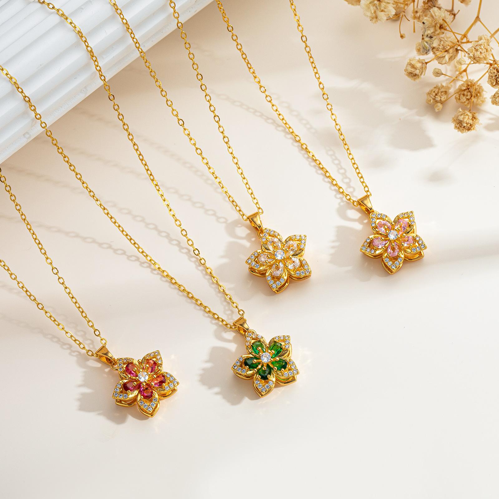 Rotatable Flower Pendant Necklace for Women, Summer Rhinestone Charm, Perfect for Daily Wear & Parties