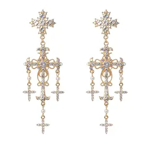 Luxury Korean Novelty Style Crystal Pearl Crossed Drop Earrings