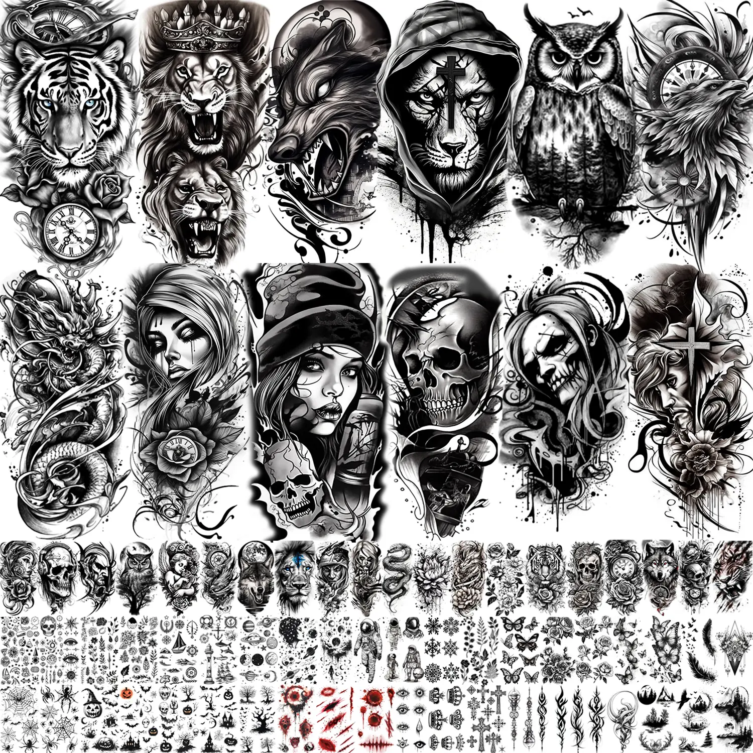 72 Sheets Halloween Temporary Tattoos for Men Women Adults - Black 3D Realistic Scary Animals Skulls Scars, Fake Tattoos Set for Cosplay Arm Sleeve Neck, Waterproof Long-Lasting Body Tattoo Sticker Gothic