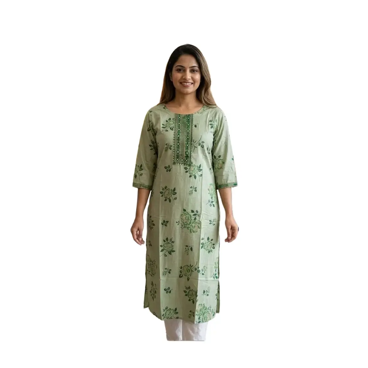 #7SKR-1 Elegant Green Floral Embroidered Cotton Kurti