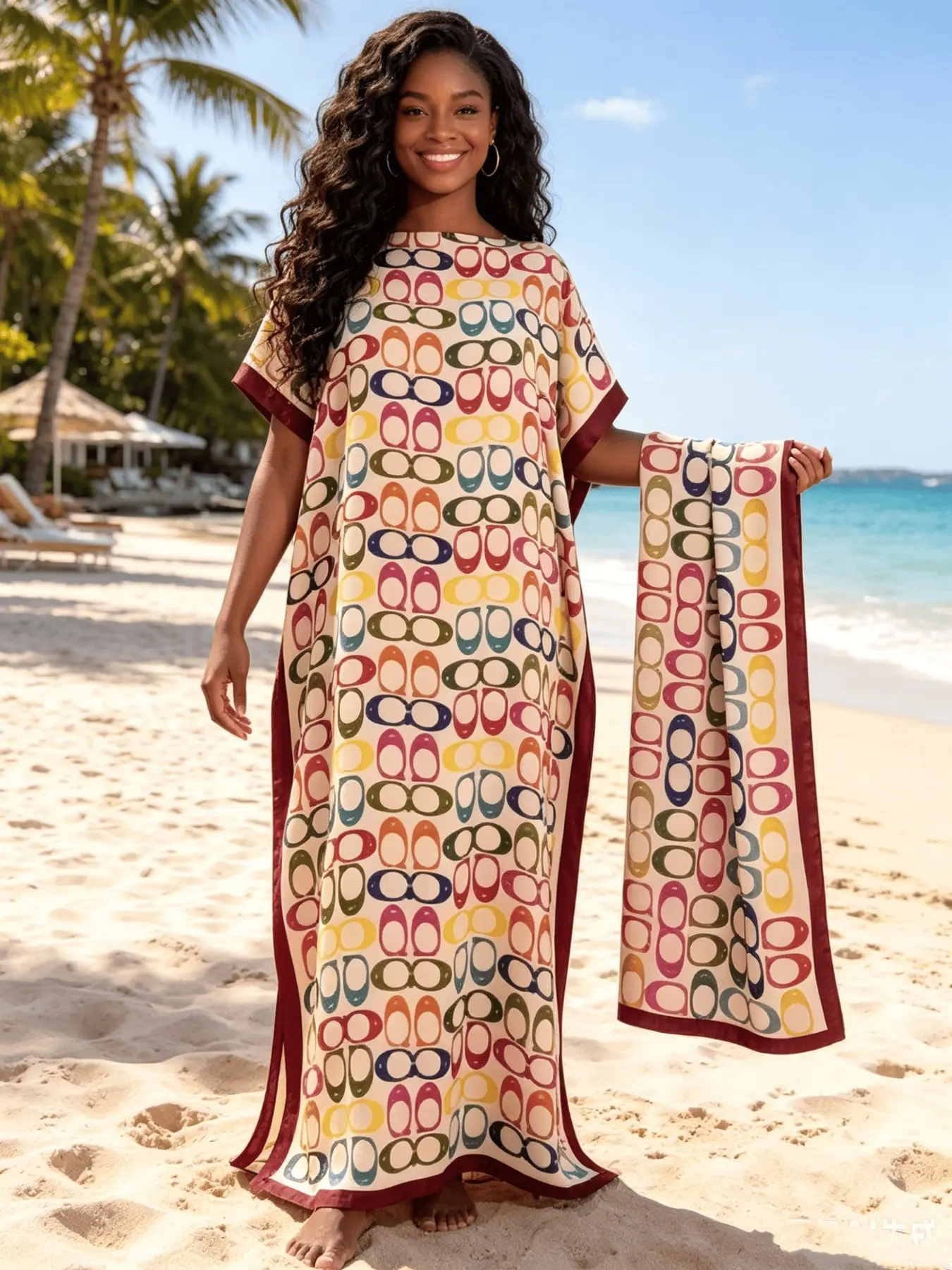 Playful Multicolor Geometric Link Print Silky Satin Kaftan 2 Piece Outfit with Coordinating Scarf, Oversized Plus Size Casual Loungewear, Versatile Beach Swim Cover Up, Tropical Resort Formal Evening Long Dress, Bohemian, Summer Dresses, Boho Caftan Dress