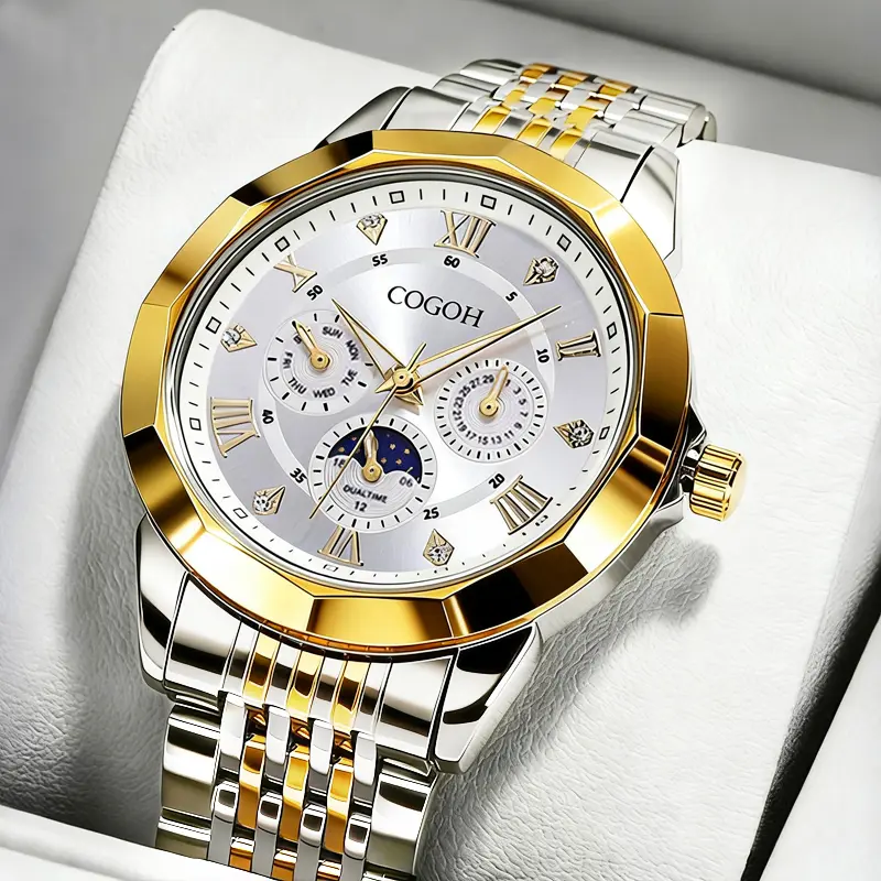 COGOH new multifunctional luxury Moon Phase Master Men's Watch, equipped with original Swiss movement,  mechanical style, sapphire crystal, stainless steel strap, and luminous waterproof design.