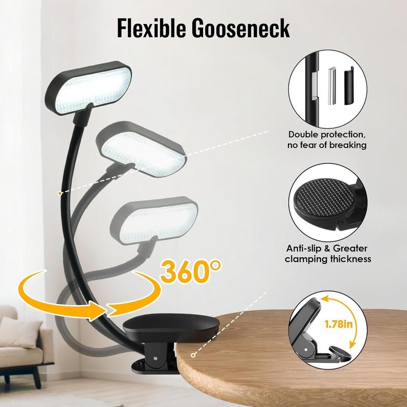 Clip-On 3-Color Temperature LED Reading Light! Flexible Gooseneck, Student Dorm & Bedside Lamp, Eye-Care Night Light