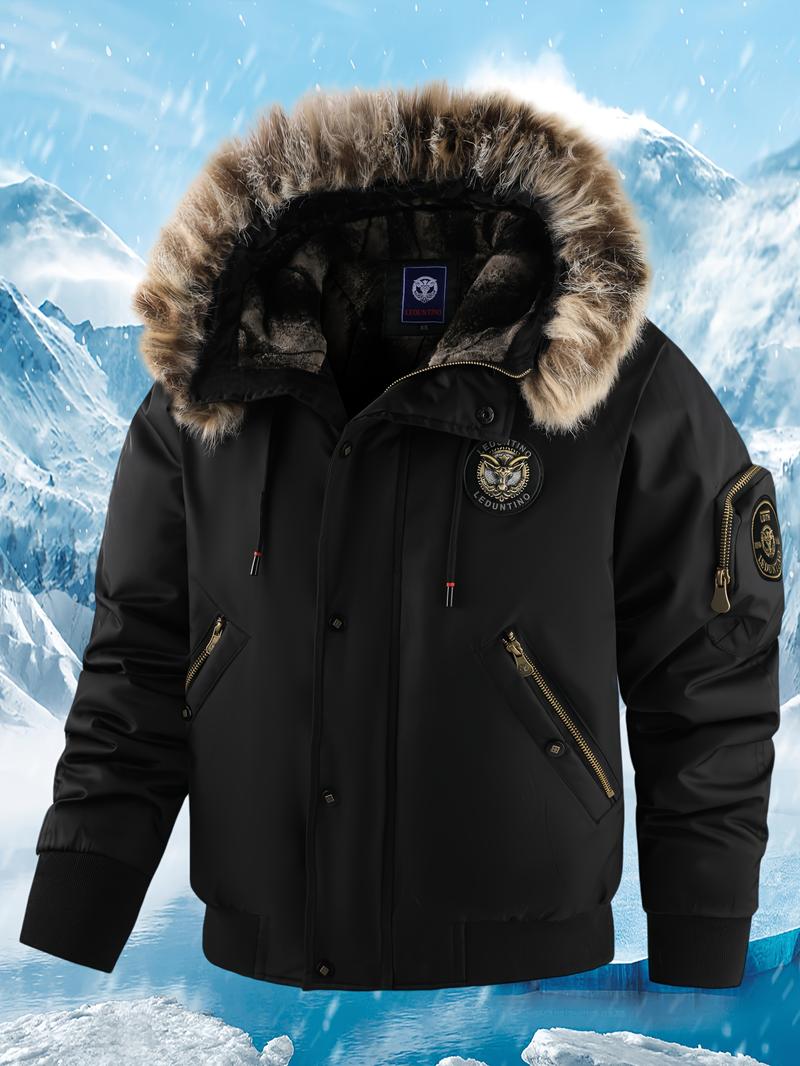 Men's Winter Coat - New Warm Hooded Jacket with Gold Print, Loose Casual Overcoat, Suitable for Cold Weather, Machine Washable, Thick & Comfortable Fleece Lining Menswear Tops