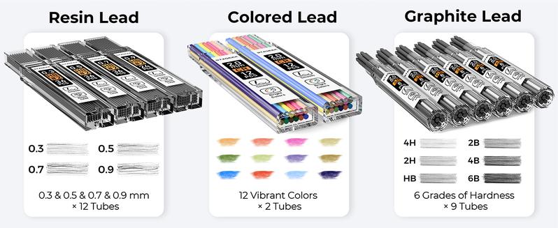 STAGEEK 37PCS Art Mechanical Pencil Set, Drafting Pencil 5 Sizes- 0.3, 0.5, 0.7, 0.9MM & 2PCS 2.0MM Mechanical Drawing Pencils with 492PCS Leads (6B 4B 2B HB 2H 4H Color) for Artist Sketching Drawing