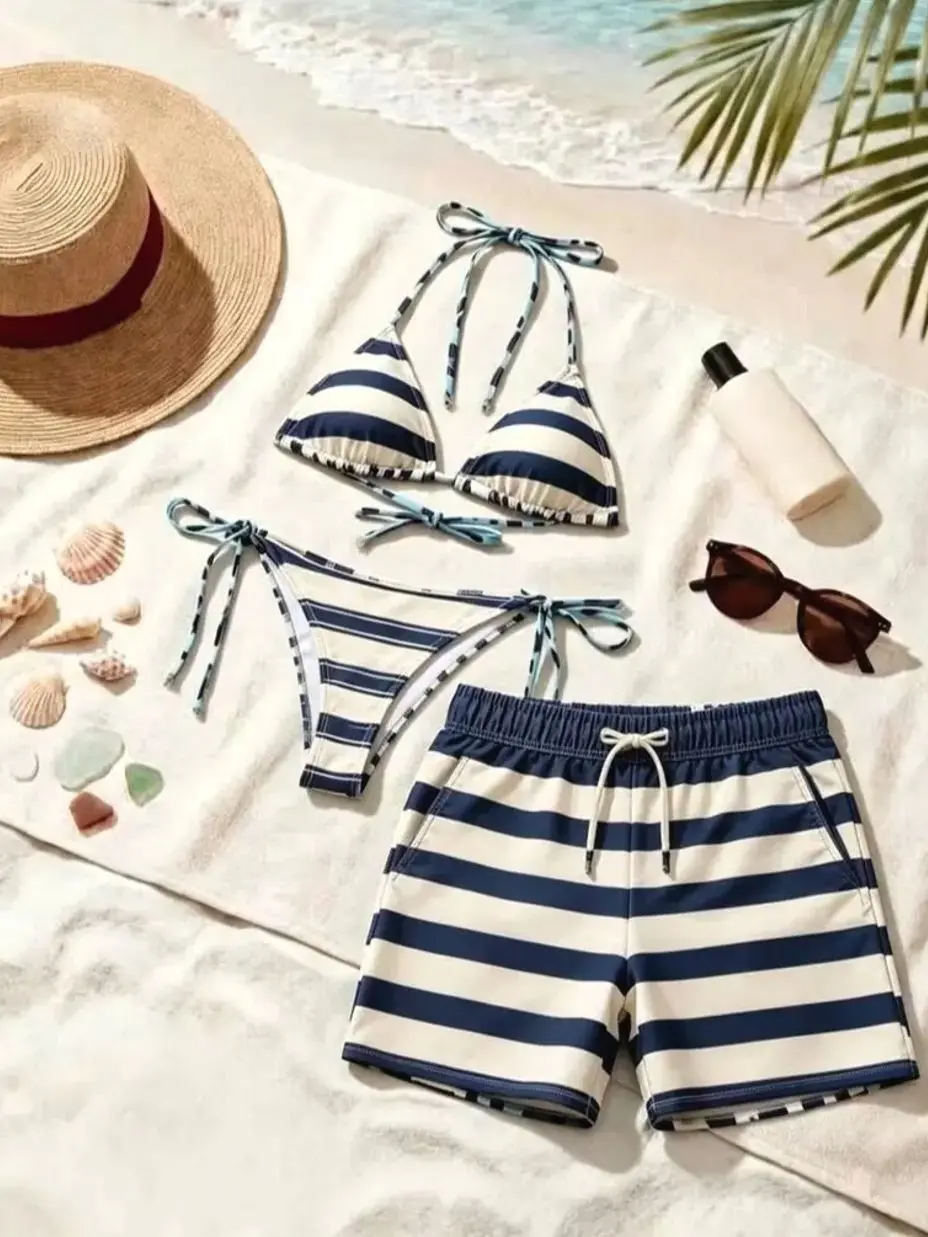 American Style Abstract Print Couple Swimsuit, Women'S Tie Side Bikini Men'S Board Shorts with Pocket Elastic String Seaside Bathing Suit