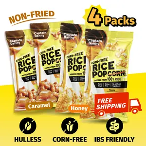 4 Large Packs-2 Honey & 2 Salted Caramel Rice Popcorn–Corn-Free Hulless Non-GMO Crunchy Easy on Stomach Air-Popped Non-Fried Snack