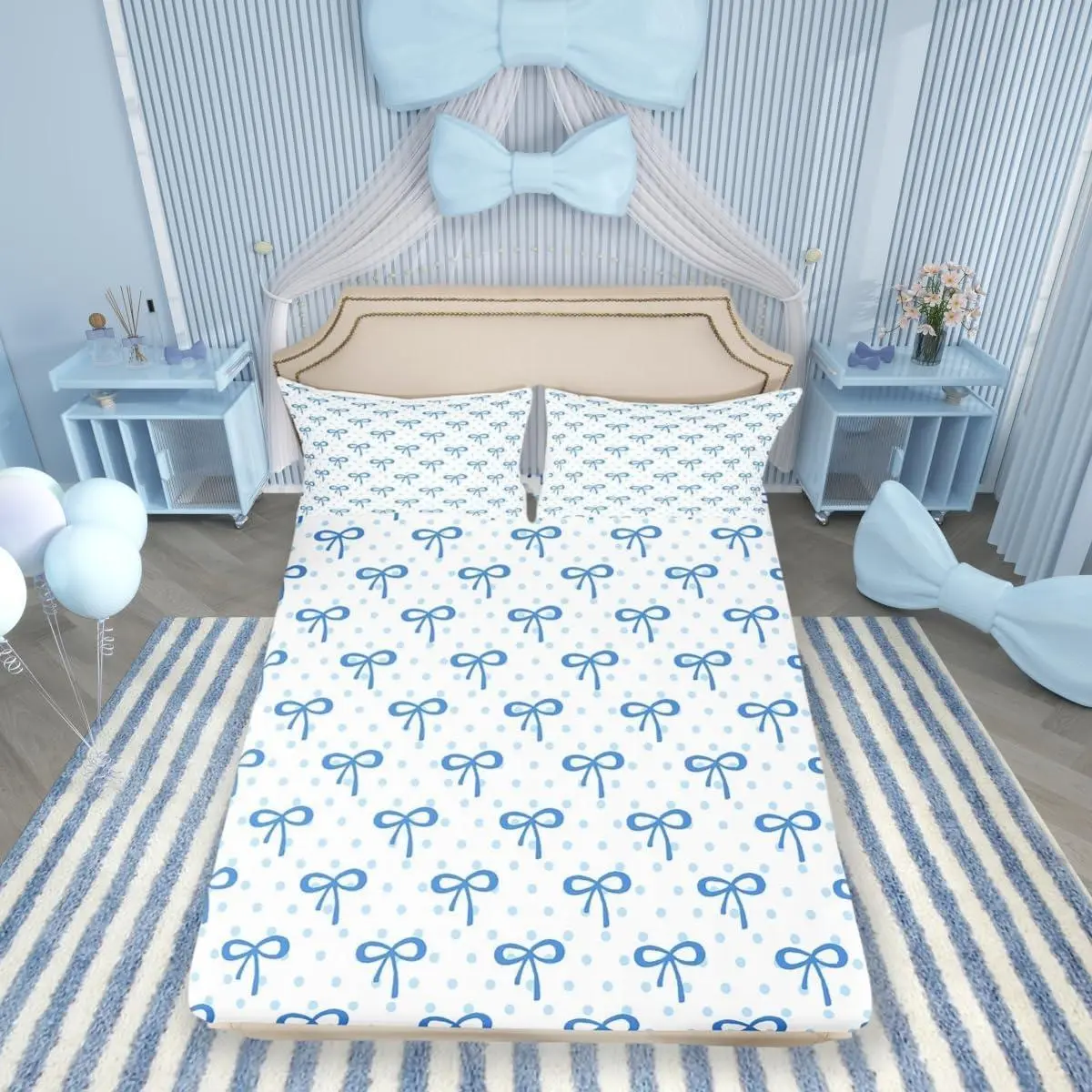 Cute Bowknot Fitted Sheet,Bow-tie Geometric Dots Patchwork Bedding Set,Women Room Decor,Castle Princess Style Bed Cover,Blue White Noble Bed Sheet,Pillowcases