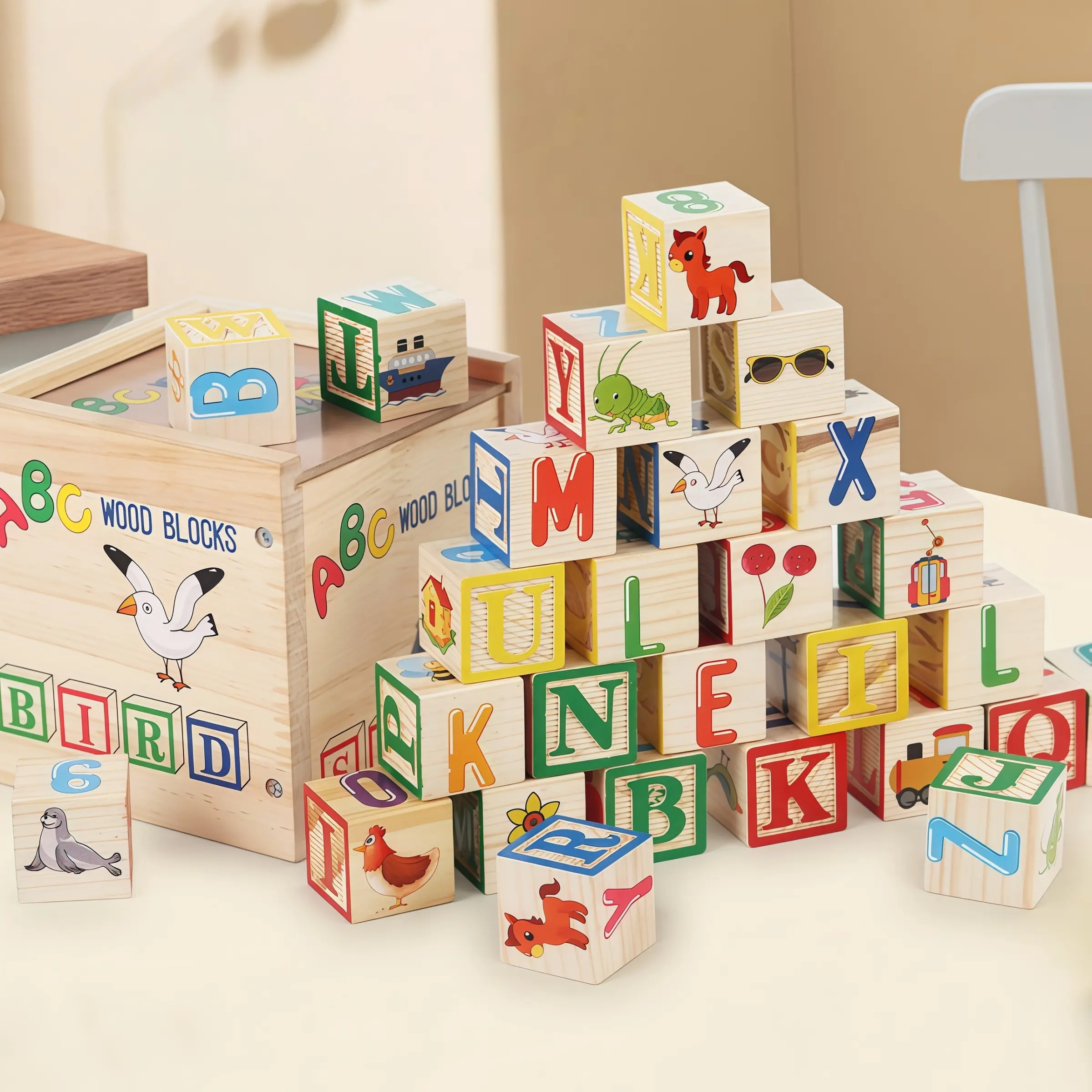 Wooden Letter Number Building Blocks Set for Kids, Includes 27 Wooden Blocks & Storage Box, Montessori Early Education Toy, Suitable for 3+ Years