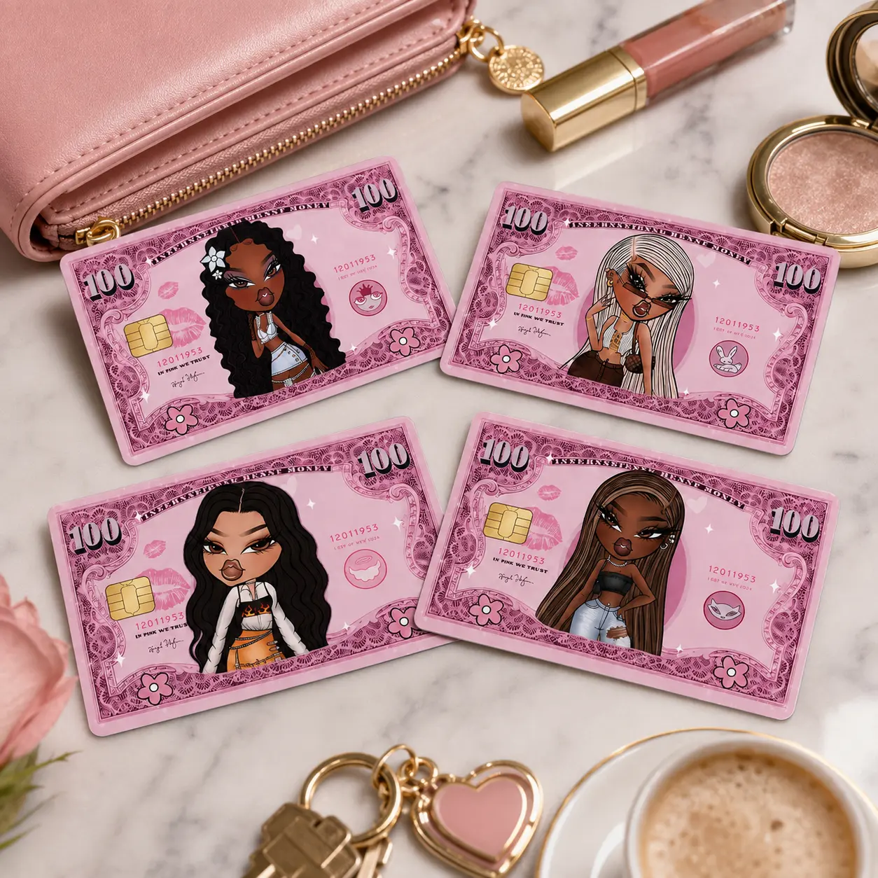 Y2K Nostalgia Fashion Doll Debit Card Skin - Pink Baddie Money Credit Card Sticker - "In Pink We Trust" 2000s Aesthetic Vinyl Decal Cover for Girl Boss