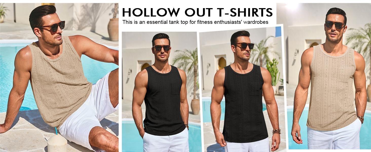 Runcati Mens Tank Tops Casual Sleeveless Hollow Out T-Shirts Muscle Summer Beach Hippie Shirts with Pocket