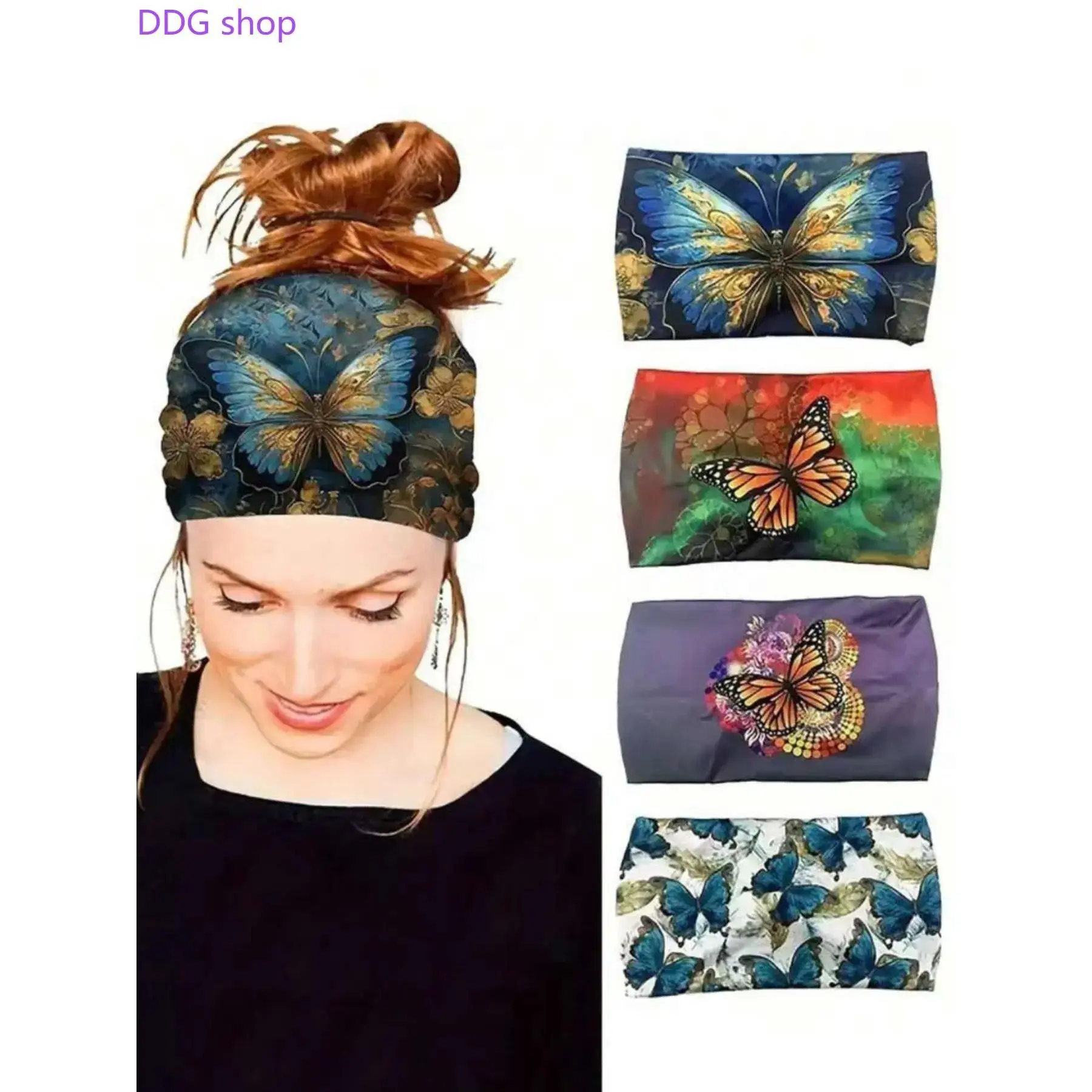 Women's 4Pcs Boho Butterfly Print Wide Athletic Headbands - Elastic Non-slip Wearable Chic Sports Headbands, Novelty Print Hair Accessories for Yoga, Daily Wear